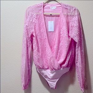 Lovers + Friends Pink Lace Bodysuit Sz L